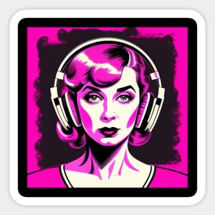 Hot Pink Headphones Vintage Dame Sticker